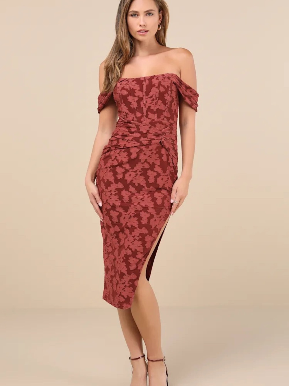 Lulus Alluring RSVP Rusty Rose Burnout Off-the-Shoulder Midi Dress - L